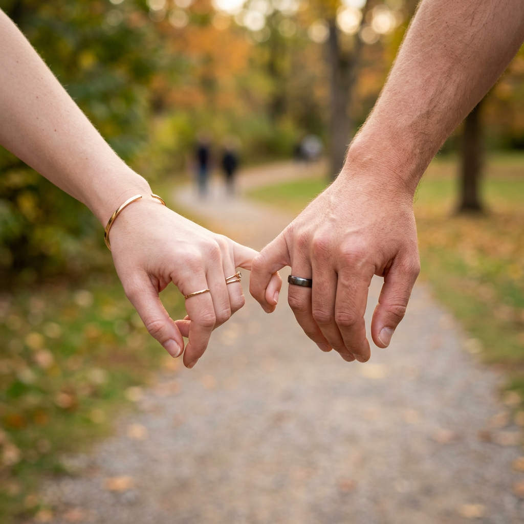 Two hands linking pinky fingers with rings on a forest path
